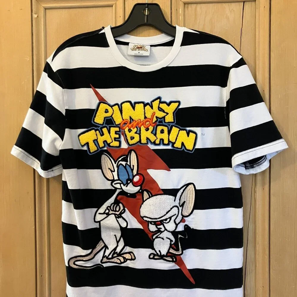 Pinky and The Brain Mens Embroidered Striped Shirt Size Small White Black AN EXC - Picture 9 of 11